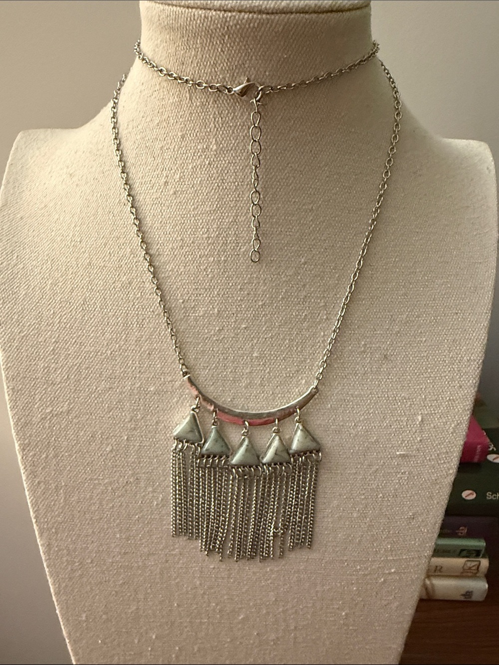 Fringe Long Silver Tone Necklace with Triangular Turquoise Stone Accents.